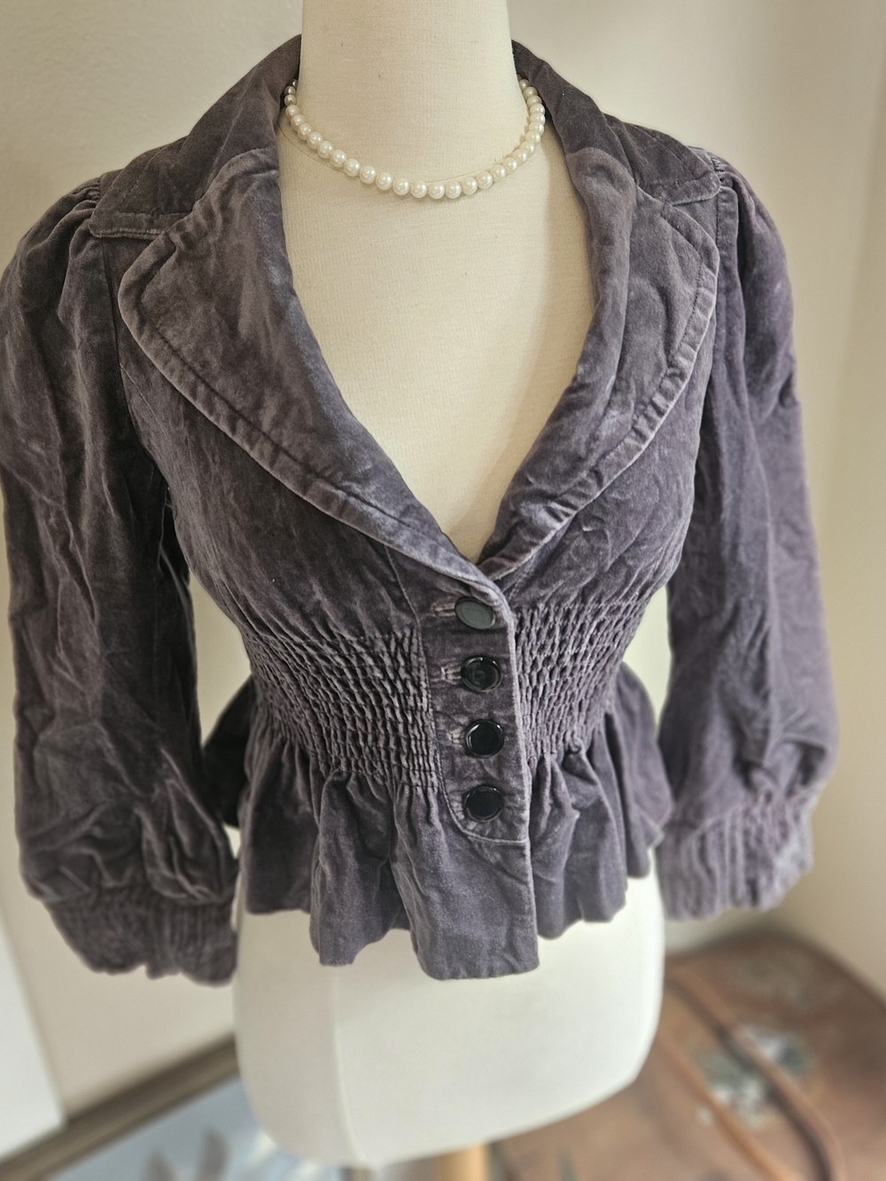 Gorgeous Smoky Lavender Velvet Peplum Jacket With Silk Lining